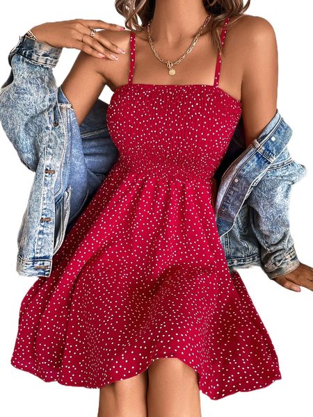 

polka dot shirred cami dress i9ct#, Black;gray