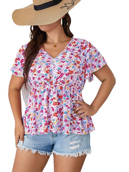 

plus allover floral print flutter sleeve peplum blouse n9xd#, Black