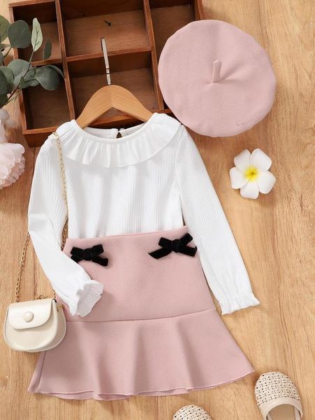 

toddler girls flounce sleeve ruffle trim tee & bow skirt & hat she, White