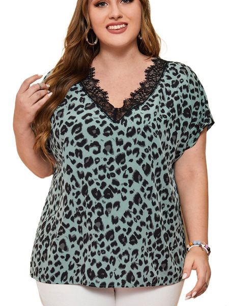 

emery rose plus leopard print lace trim blouse e6ar#, Black