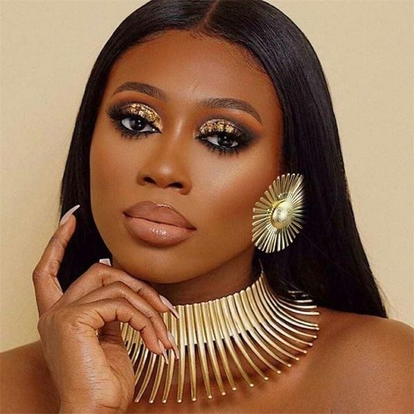 

africa necklaces jewelry set gold color metal big exaggerated torque choker necklace earrings set jewelry steampunk party ukmoc 220716, Silver
