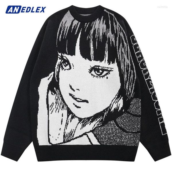 Erkek Sweaters Hip Hop Erkekler Siyah Sweater Street Giyim Japon Anime Kız Örgü Sonbahar Gevşek Kırışıklık Harajuku Pamuk Sweatermen's