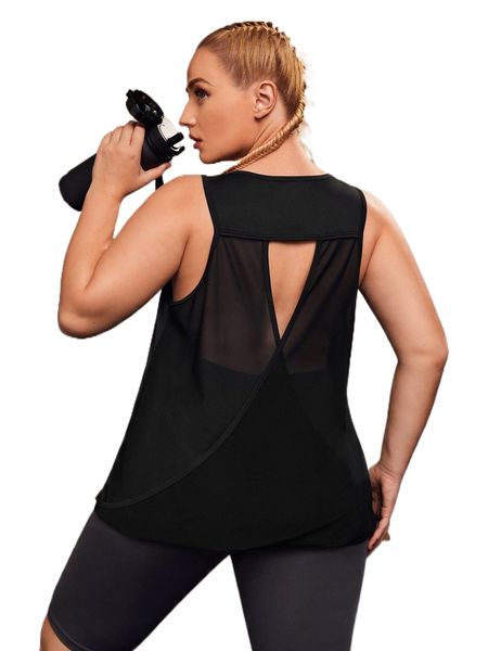

plus breathable contrast mesh cut out back wrap sports tank j6nx#, Black