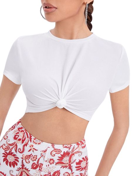 

ribbed knit solid crop tee 15i8#, White