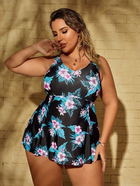 

plus floral one piece swimsuit 0417#, White;black