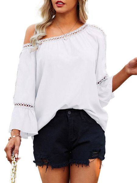 

split detail flounce sleeve scoop neck blouse i0sf#, White