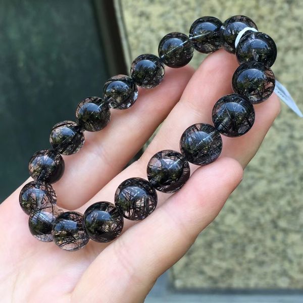 

natural black rutilated quartz clear round beads bracelet 11.8mm genuine jewelry crystal women men rare brazil aaaaaa, Silver