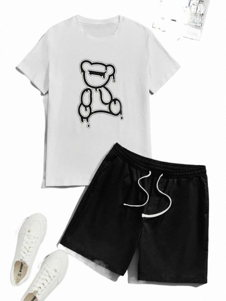 

men bear print tee & drawstring waist shorts j5r7#, Gray