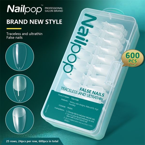 Nailpop 600pcs Suggerimenti per l'estensione delle unghie finte per unghie artificiali con design Press on Nails Bara Acrilico Stiletto Unghie finte 220726