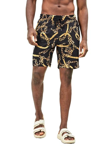 

men chain print drawstring waist shorts 61lw#, White;black