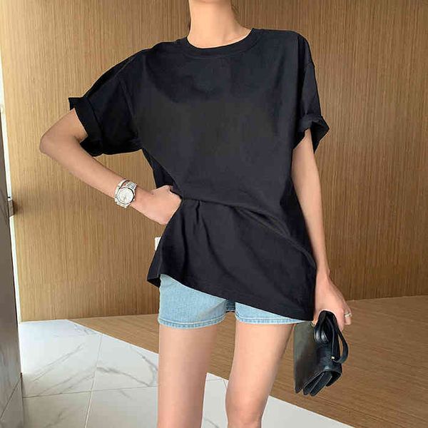 

women's t-shirt 2022 women's summer cotton medium and long t-shirt, wearing non greasy coj clothes, thin solid color, short sleeve, White