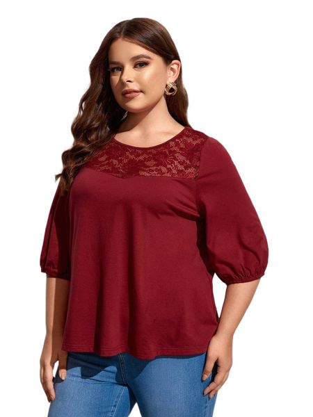 

plus lace insert tee 09tz#, Black