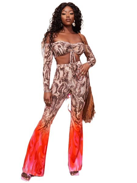 

sxy snakeskin print drawstring ruched crop & flare leg pants v1g4#, White