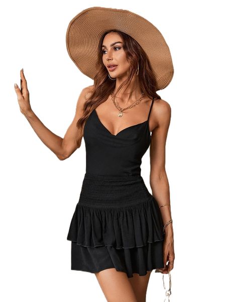 

draped cami & shirred waist layered hem skirt t1dl#, White