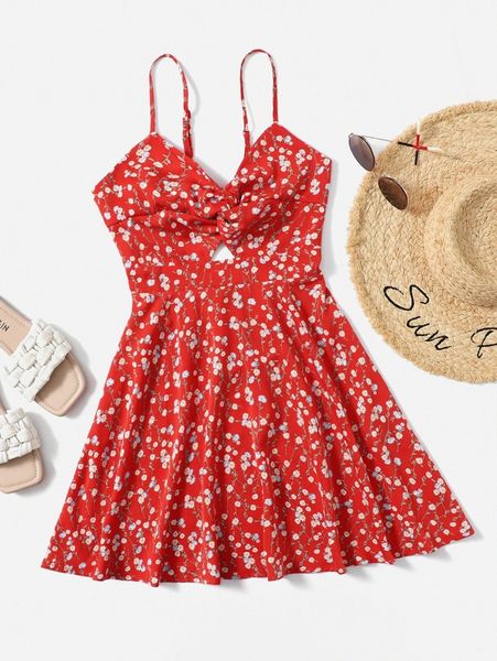 

floral print twist front cut out tie back cami dress e6cr#, Black;gray