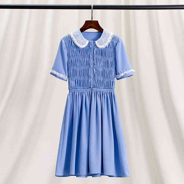 

casual dresses haze blue light luxury small fragrance baby neck wrinkled waist dress nail bead diamond button short sleeve a-line skirt, Black;gray
