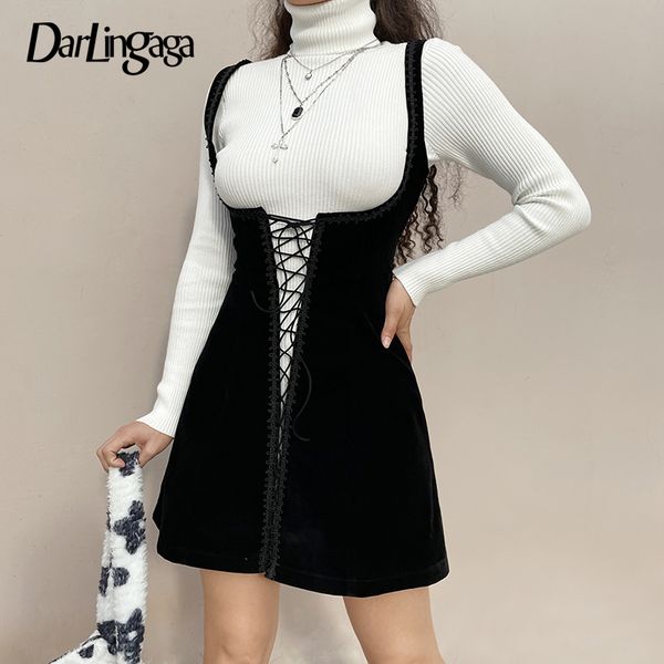 

darlingaga fashion elegant dark academia velvet corset party dress women lace up embroidery gothic clothes tank dresses outfits, Black;gray
