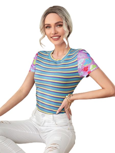 

floral print sleeve striped tee b0oa#, White
