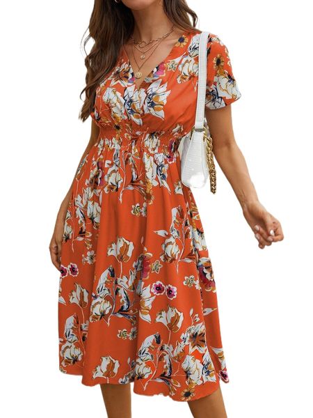 

allover floral shirred wrap dress 22zz#, Black;gray