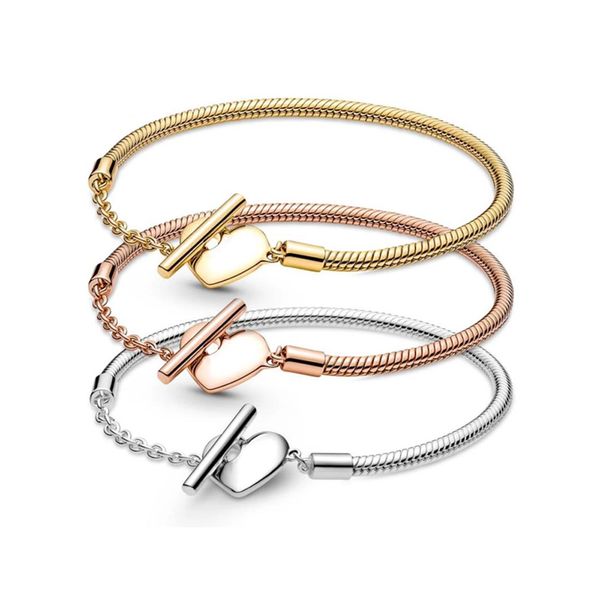 Damen-Armbänder aus 925er-Silber, passend für Pandora-Armbänder mit Herz-T-förmiger Schnalle und Schlangenknochen-Kette