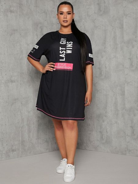 

plus slogan graphic drop shoulder tee dress w5pq#, Black