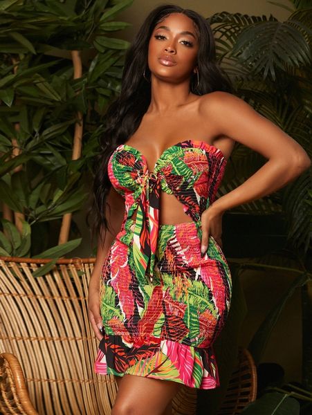 

sxy tie front shirred tropical print dress t5wl#, Black;gray