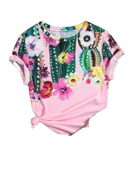 

floral & cactus print t-shirt 62bo#, White