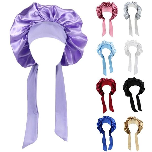 Frauen Satin solide schlafende Hut Nacht Schlaf Cap Kopf Binde Band Haarpflege Haube Nachtscheibe Unisex Caps Turban Curly Braid Hair hy0427