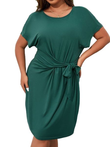 

plus solid knot front batwing sleeve dress y1ra#, Black