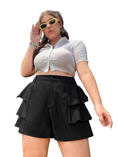 

plus high waist ruffle trim shorts 850w#, Black