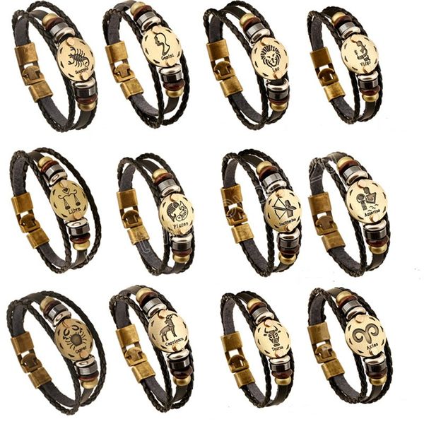 

fashion bronze alloy buckle 12 constellation leather bracelet wooden beads and black hematite jewelry, Golden;silver