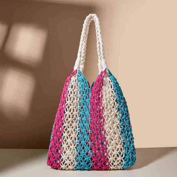 

casual hollow out fishnet women shoulder bags panelled handmade woven handbags summer beach bag large tot bali shopper purses 220705