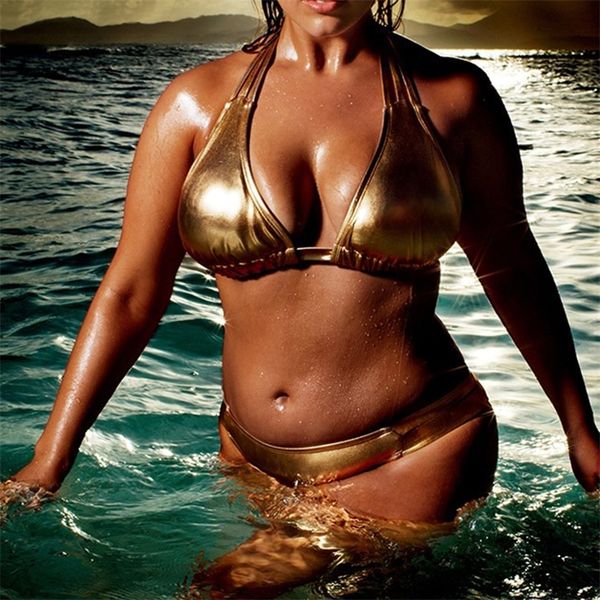 Super Sexy Women Golden Bikini set Costume da bagno Costume da bagno Brasile Plus Size 4XL Costumi da bagno Fondo increspato Nightclub Bikini T200708