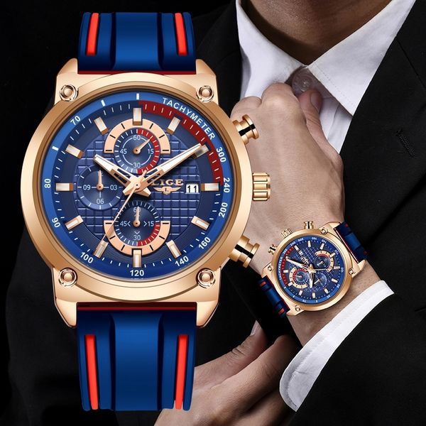 

2022 lige new mens watches brand luxury dial clock male fashion silicone waterproof quartz gold watch men sport chronograph, Slivery;brown