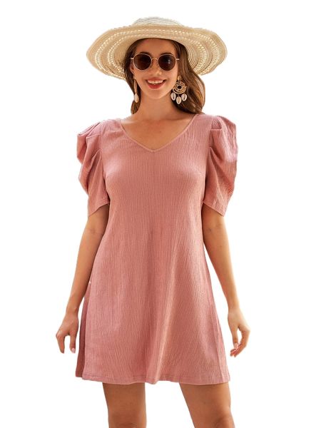 

solid puff sleeve dress c0u9#, Black;gray