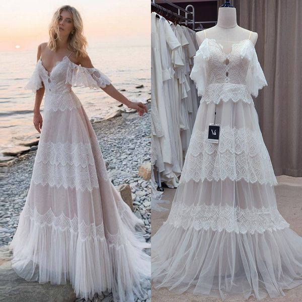 Многоуровневое кружево бохо свадебное платье 2022 Spaghetti ремни глубоко V Sex Sexy Summer Beach Wedding Dress Cross Corset Bohemian невеста Hippies Hippies Мариб Мариб Веспидо де Новия