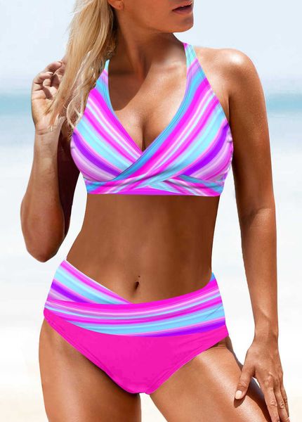 

2022 swimsuit new triangular neck color bikini split large women's swimsuit