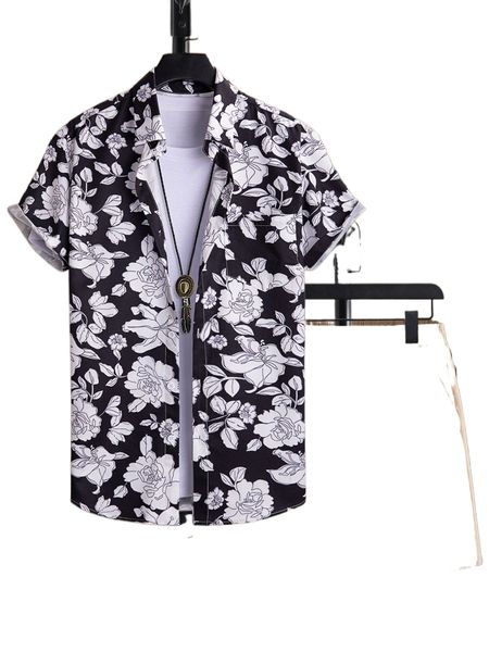 

men floral print shirt & drawstring waist shorts without tee g2bp#, Gray