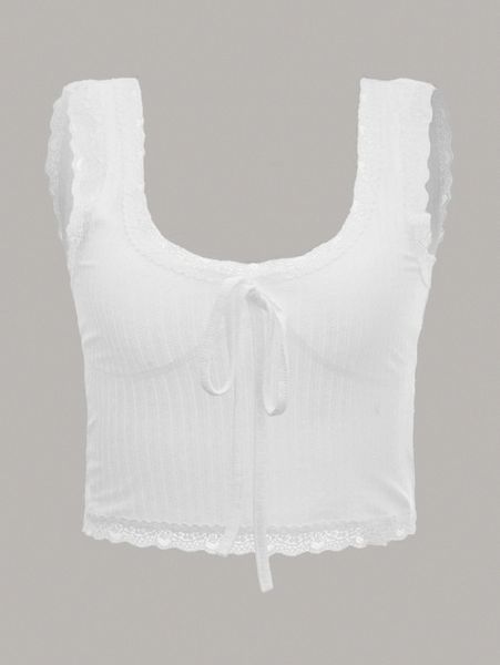 

scoop neck knot front scallop lace trim crop tank j6or#, White