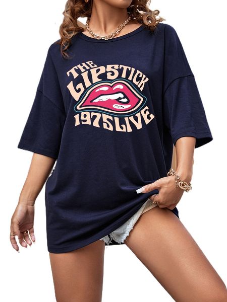 

letter & lip print drop shoulder tee z1ut#, White