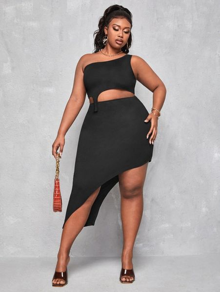 

sxy plus one shoulder asymmetrical hem & skirt 345l#, Black