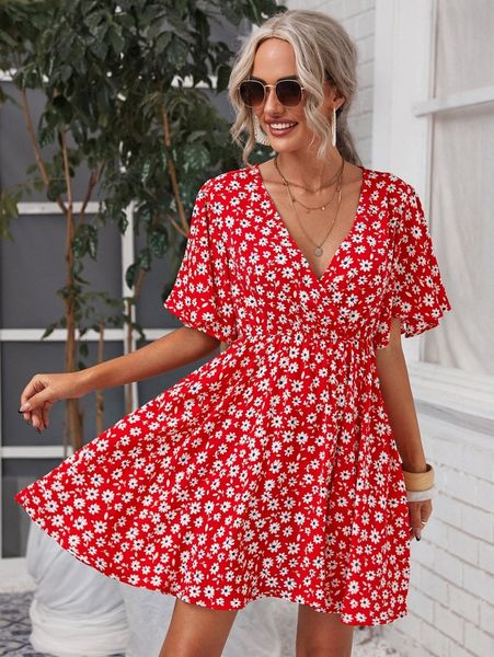 

surplice neck flounce sleeve floral dress r1bt#, Black;gray