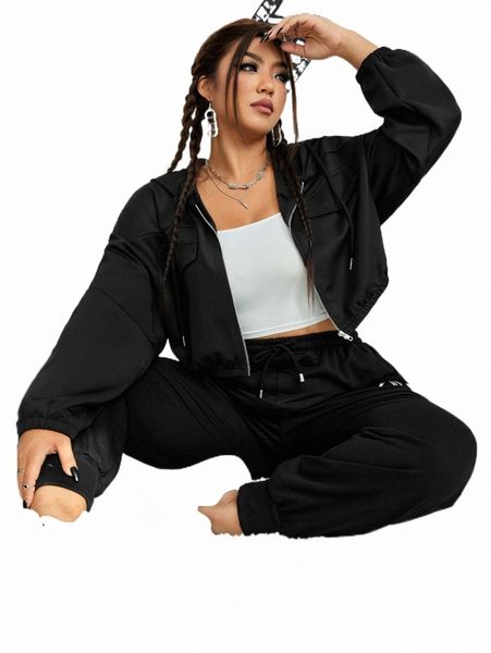 

plus drop shoulder drawstring hooded jacket a3kr#, Black