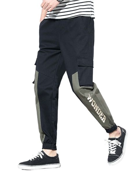

men color block letter graphic flap pocket cargo pants s225#, Black