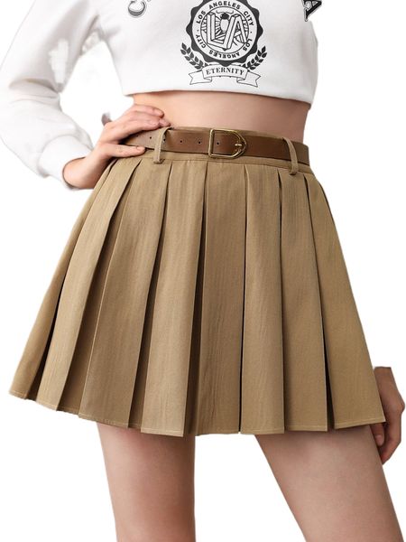 

mod solid pleated belted skirt r36m#, Black