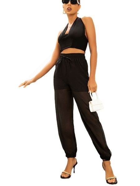 

mesh panel drawstring waist pants f0sj#, Black;white