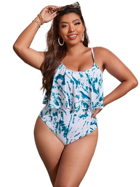 

plus tie dye ruffle hem one piece swimsuit a6gh#, White;black