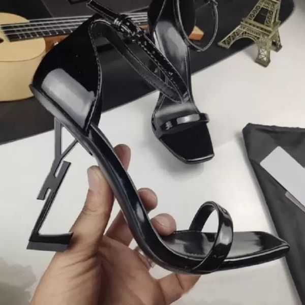 

newst designer shoes woman sandals opyum high heels women open toe stiletto heel classic metal letters sandal fashion stylist shoes with box, Black