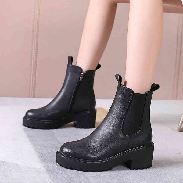 

slippers large full leather chelsea boots women's autumn and winter thick bottom middle heel chimney short a0jt, Black