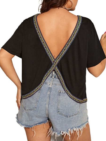 

plus geo tape trim open back tee u7qu#, Black